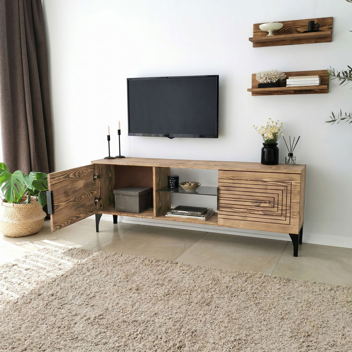 Σύνθεση Τηλεόρασης Pteri Δρυς 150x30x40 εκ. Μασίφ Ξύλου - Pakobazaar