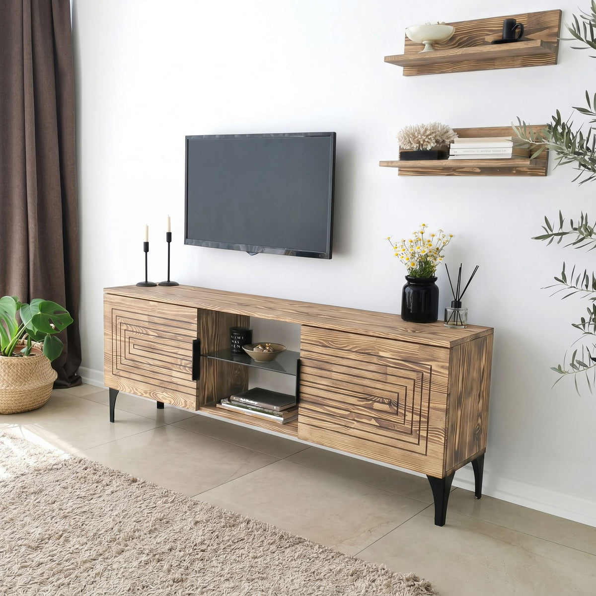 Σύνθεση Τηλεόρασης Pteri Δρυς 150x30x40 εκ. Μασίφ Ξύλου - Pakobazaar
