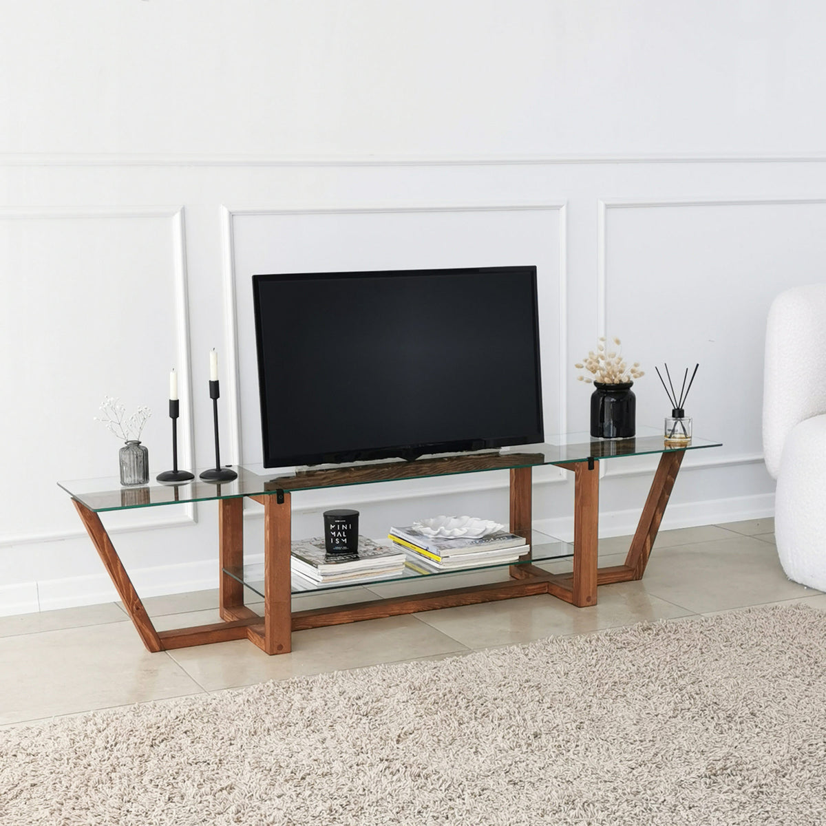 Έπιπλο Τηλεόρασης Kannaviou Γυάλινο Καρυδί 158x35x35 εκ. - Pakobazaar