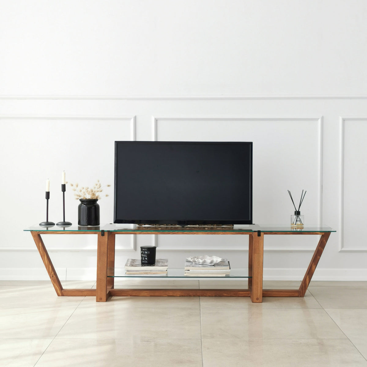 Έπιπλο Τηλεόρασης Kannaviou Γυάλινο Καρυδί 158x35x35 εκ. - Pakobazaar