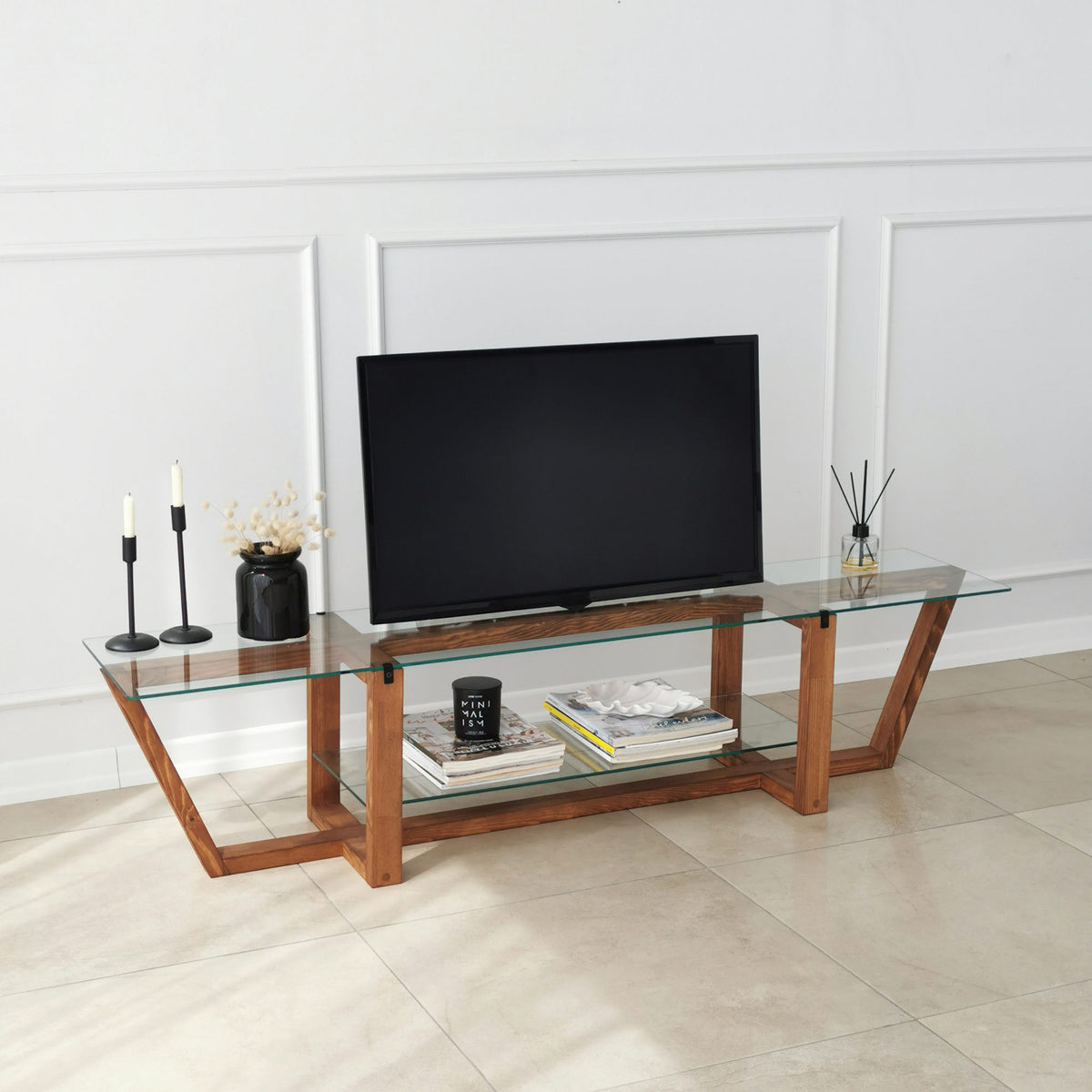 Έπιπλο Τηλεόρασης Kannaviou Γυάλινο Καρυδί 158x35x35 εκ. - Pakobazaar