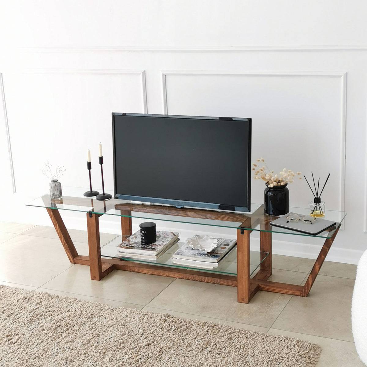 Έπιπλο Τηλεόρασης Kannaviou Γυάλινο Καρυδί 158x35x35 εκ. - Pakobazaar