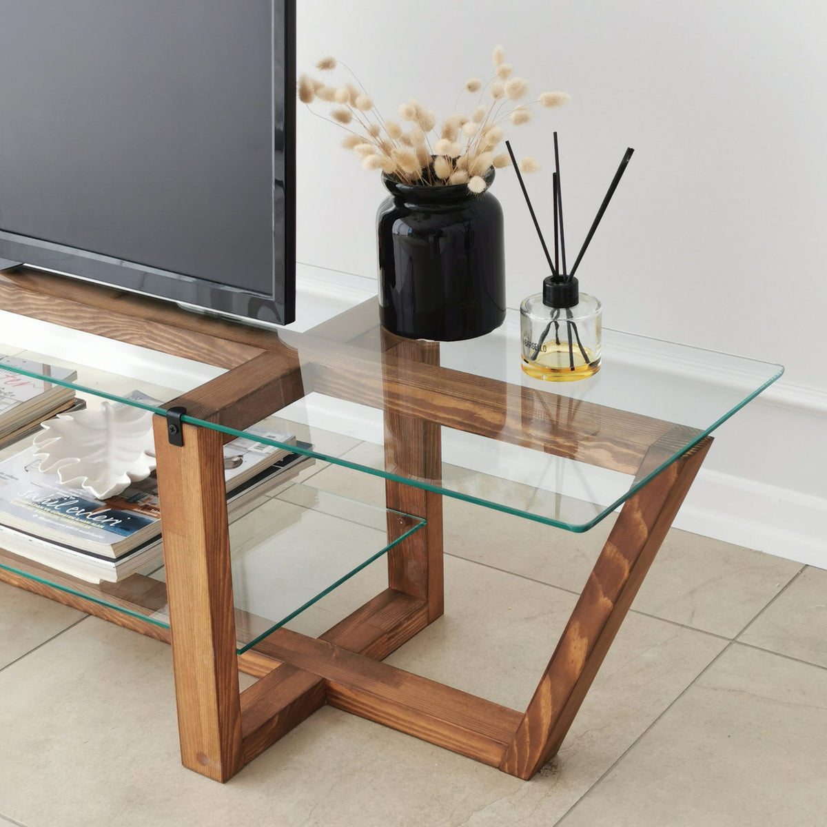 Έπιπλο Τηλεόρασης Kannaviou Γυάλινο Καρυδί 158x35x35 εκ. - Pakobazaar