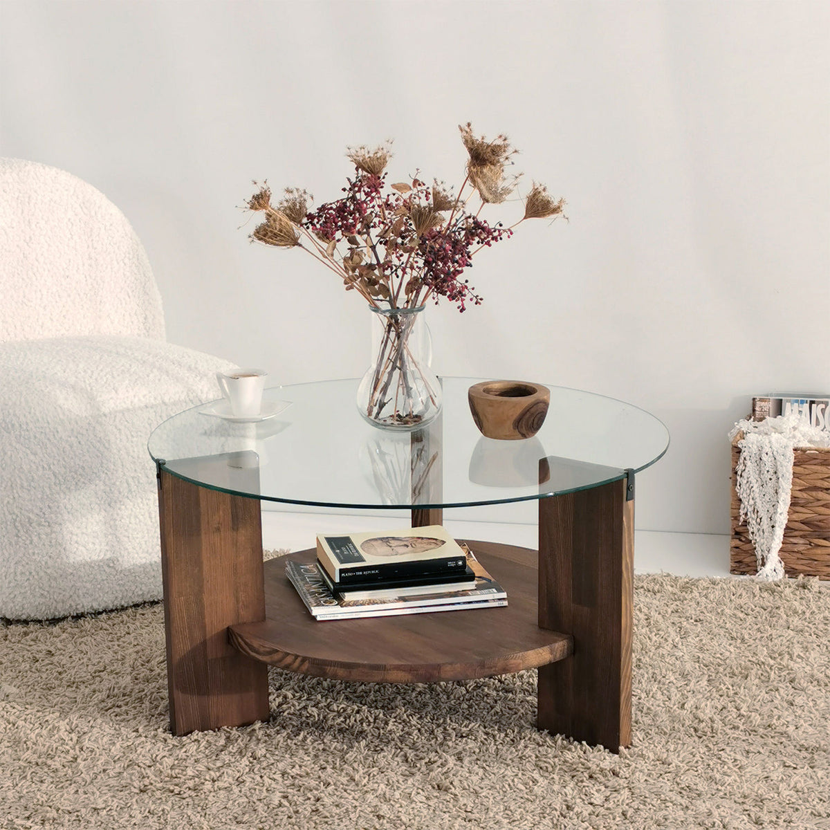 Τραπεζάκι Σαλονιού Choulou Γυάλινο Καρυδί 75x75x40 εκ. Μασίφ Ξύλου