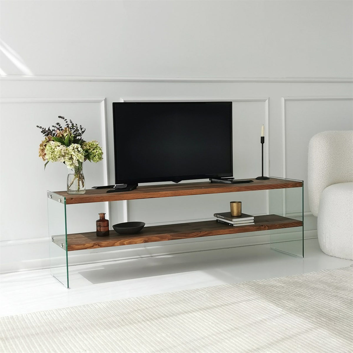 Έπιπλο Τηλεόρασης Korthi Γυάλινο Φυσικό 140x35x45 εκ. Μασίφ Ξύλου