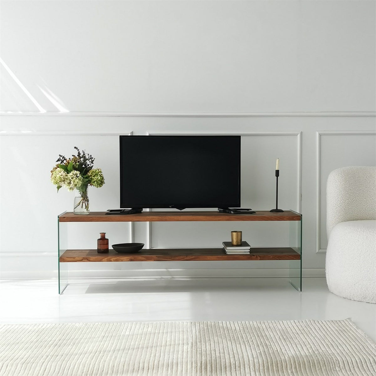 Έπιπλο Τηλεόρασης Korthi Γυάλινο Φυσικό 140x35x45 εκ. Μασίφ Ξύλου