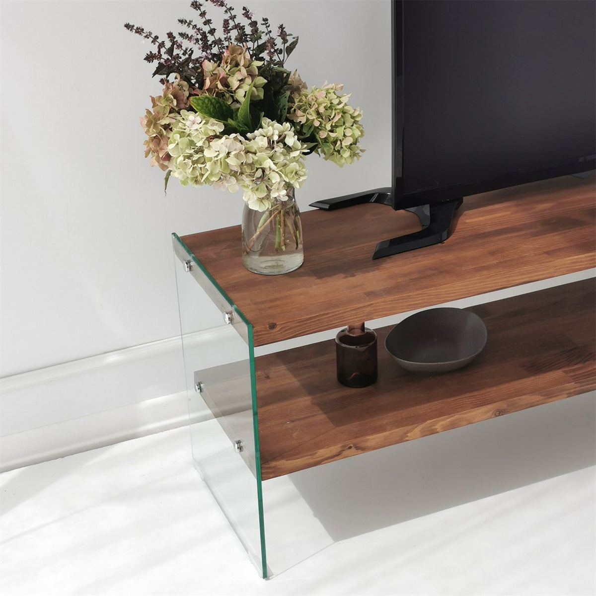 Έπιπλο Τηλεόρασης Korthi Γυάλινο Φυσικό 140x35x45 εκ. Μασίφ Ξύλου