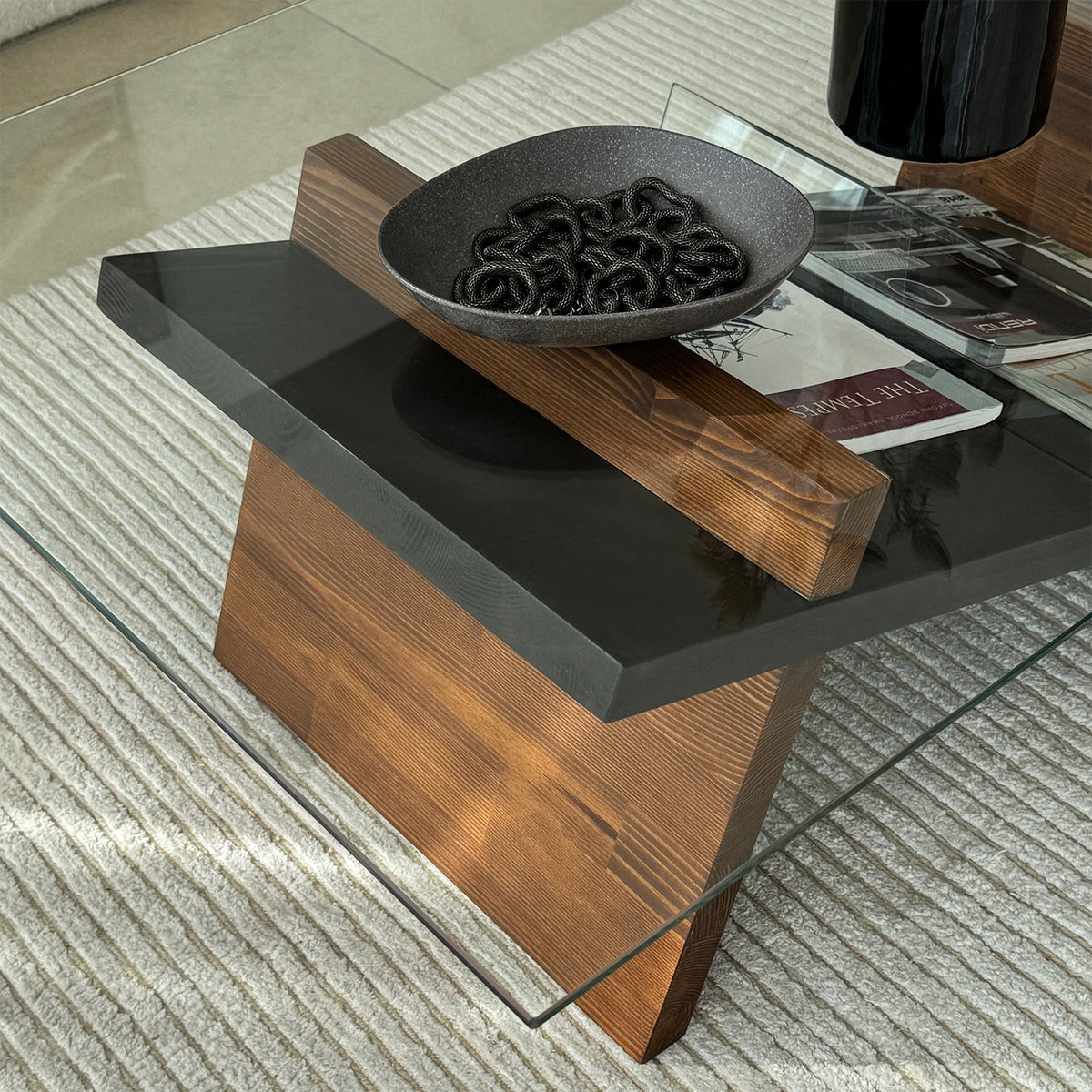 Τραπεζάκι Σαλονιού Fasouri Γυάλινο Μαύρο - Καστανιά 105x65x31 εκ. Μασίφ Ξύλου
