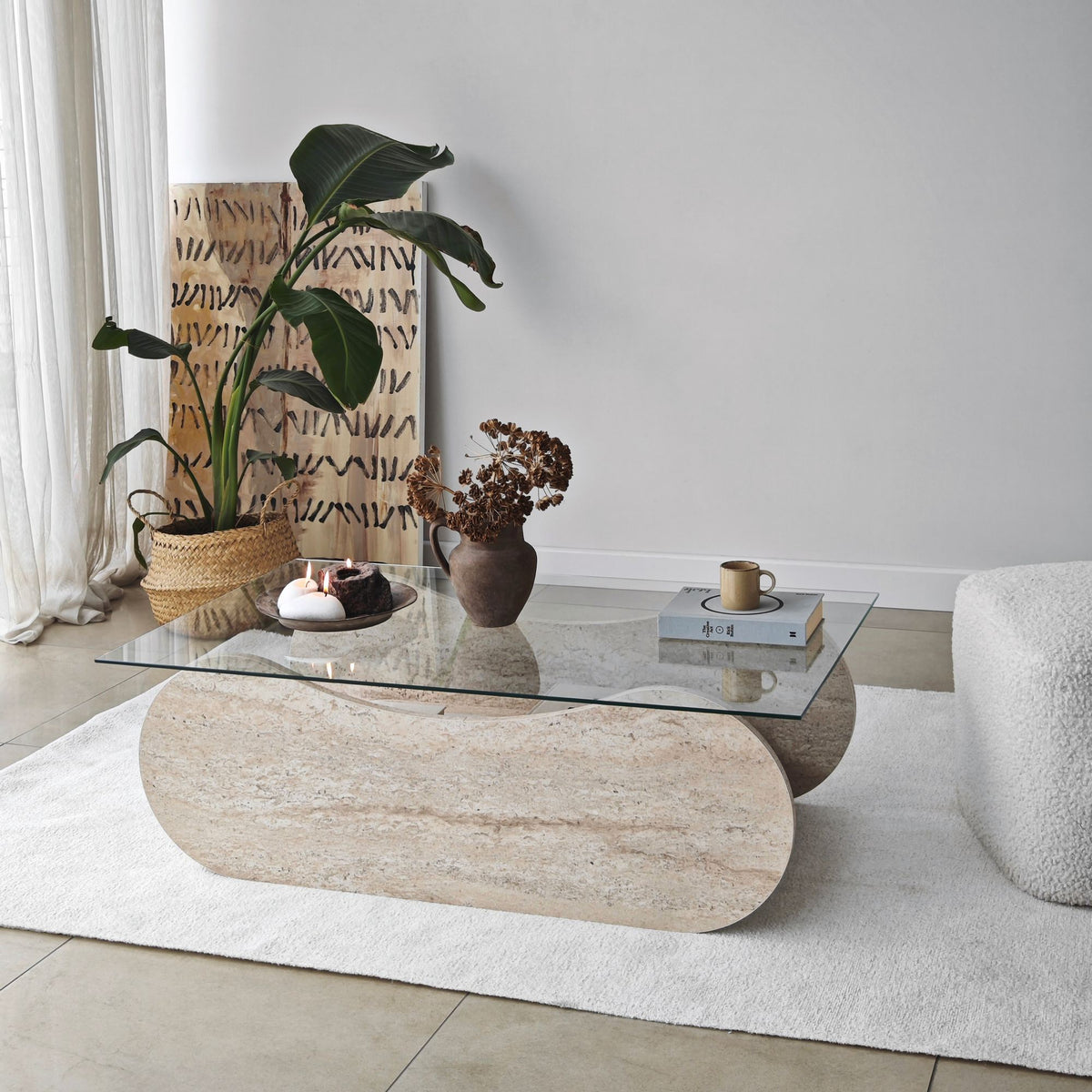 Τραπεζάκι Σαλονιού Kalamitsi Γυάλινο Travertine - Διάφανο 105x65x35 εκ. - Pakobazaar