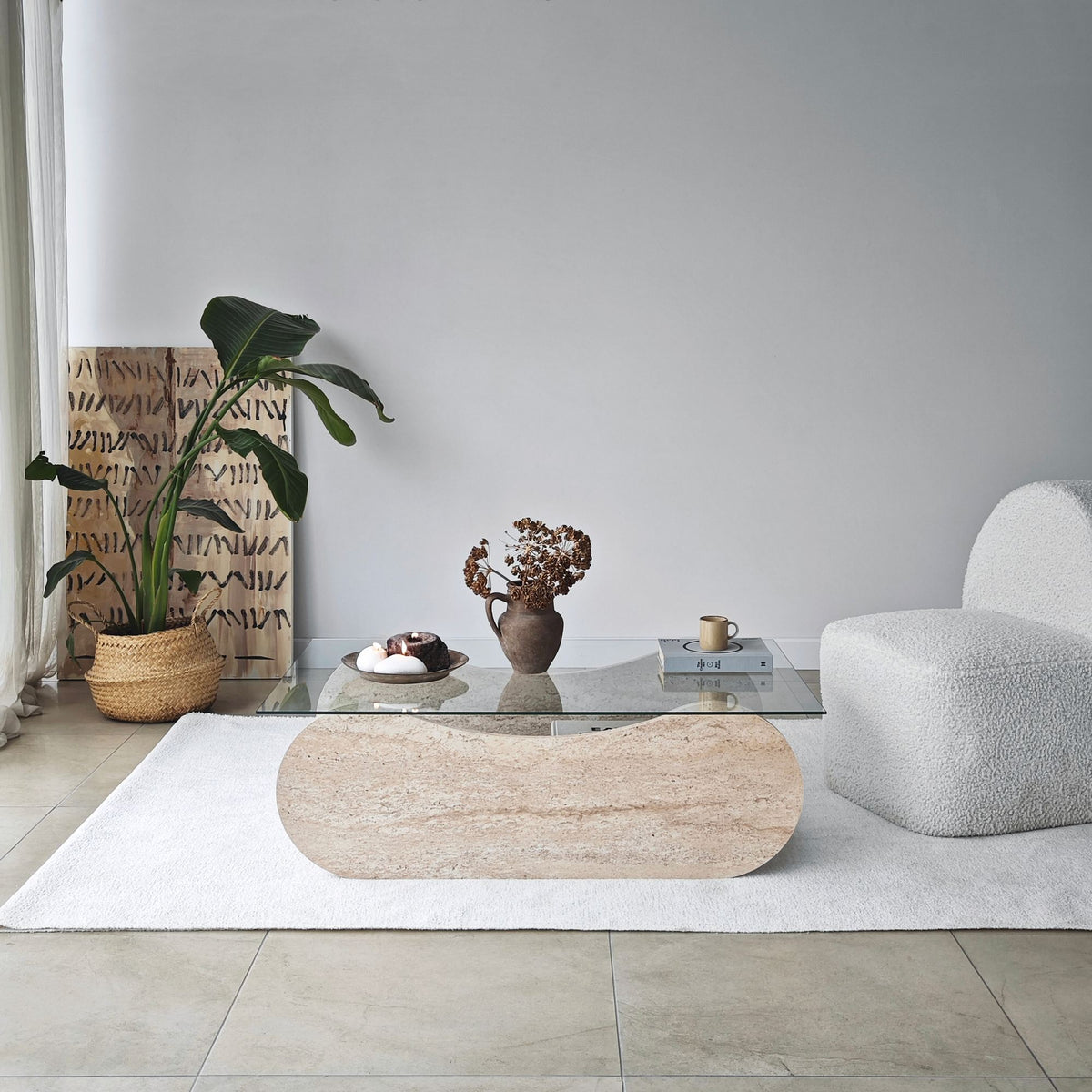 Τραπεζάκι Σαλονιού Kalamitsi Γυάλινο Travertine - Διάφανο 105x65x35 εκ. - Pakobazaar
