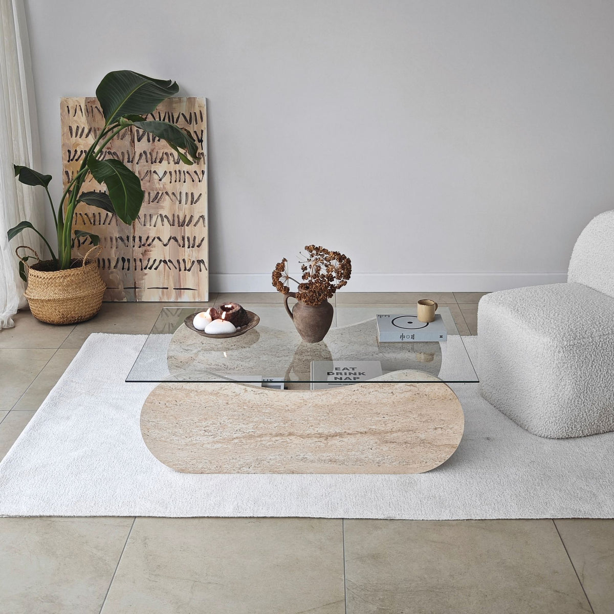 Τραπεζάκι Σαλονιού Kalamitsi Γυάλινο Travertine - Διάφανο 105x65x35 εκ. - Pakobazaar