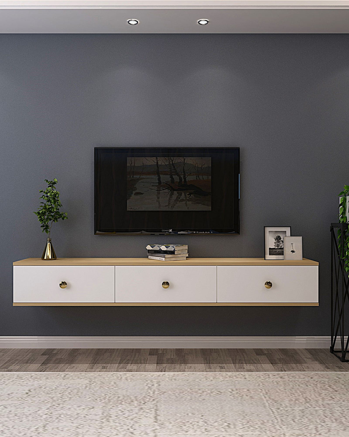 Έπιπλο Τηλεόρασης Gournes Επιτοίχιο Δρυς Sapphire - Λευκό 180x29.6x25.6 εκ. Μελαμίνης - Pakobazaar