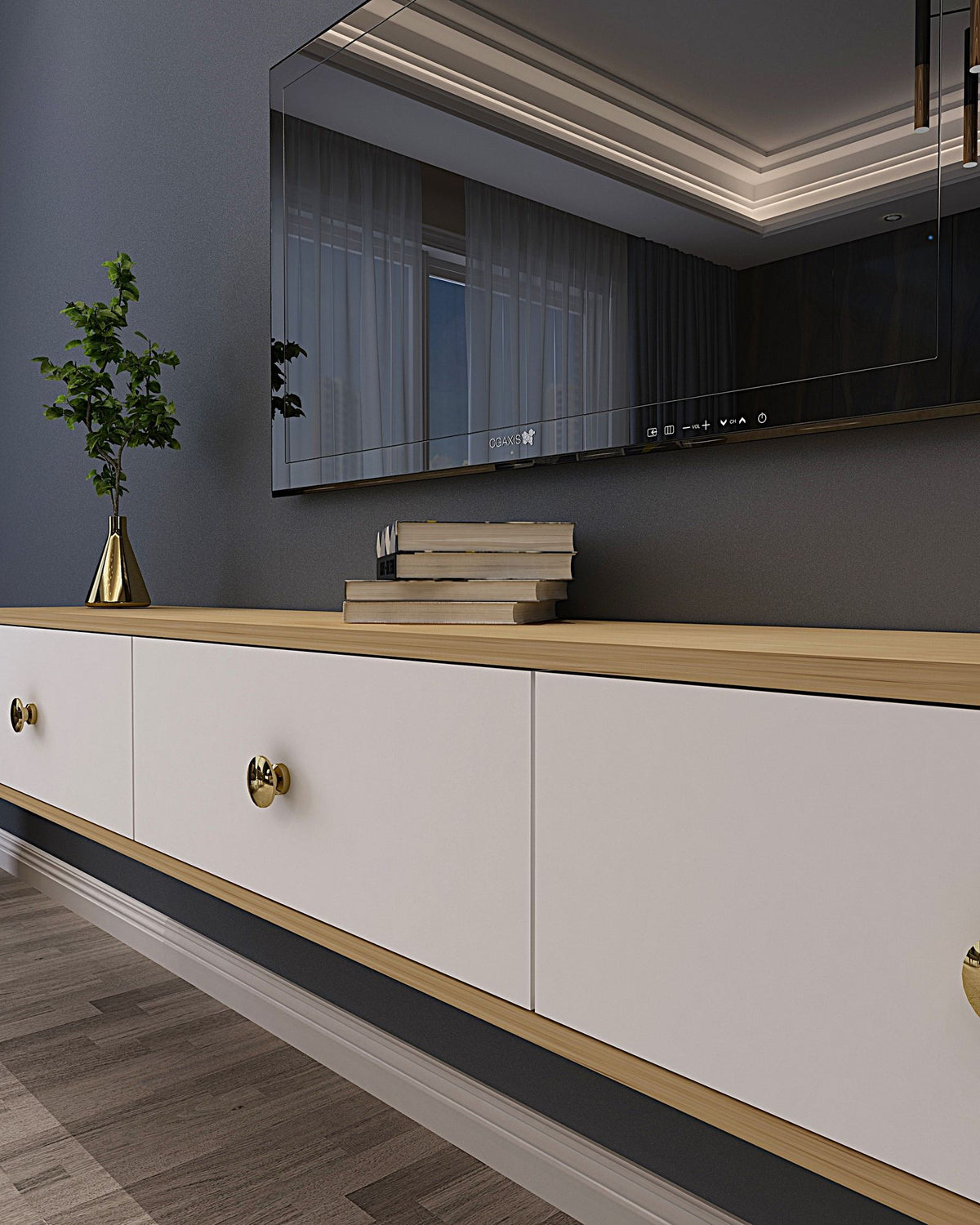 Έπιπλο Τηλεόρασης Gournes Επιτοίχιο Δρυς Sapphire - Λευκό 180x29.6x25.6 εκ. Μελαμίνης - Pakobazaar