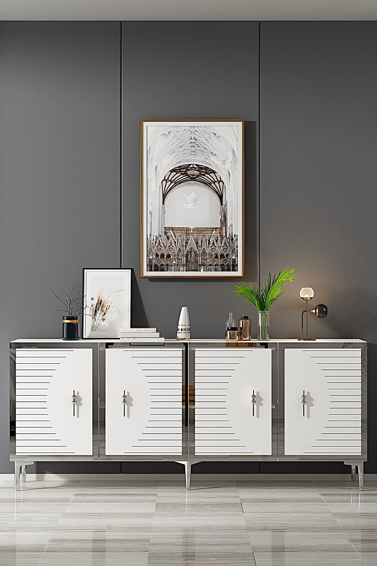 Κονσόλα Rovinia Με Ράφια Λευκό - Ασημί 180x32x75 εκ. Μελαμίνης