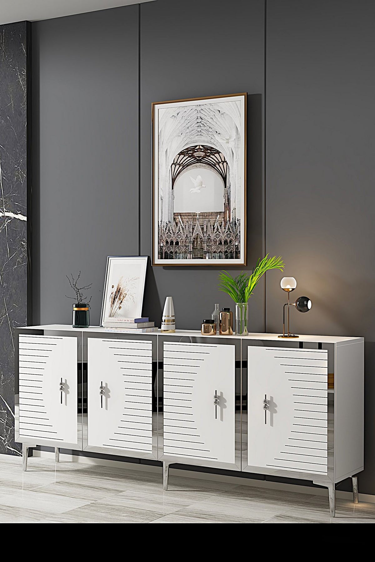 Κονσόλα Rovinia Με Ράφια Λευκό - Ασημί 180x32x75 εκ. Μελαμίνης