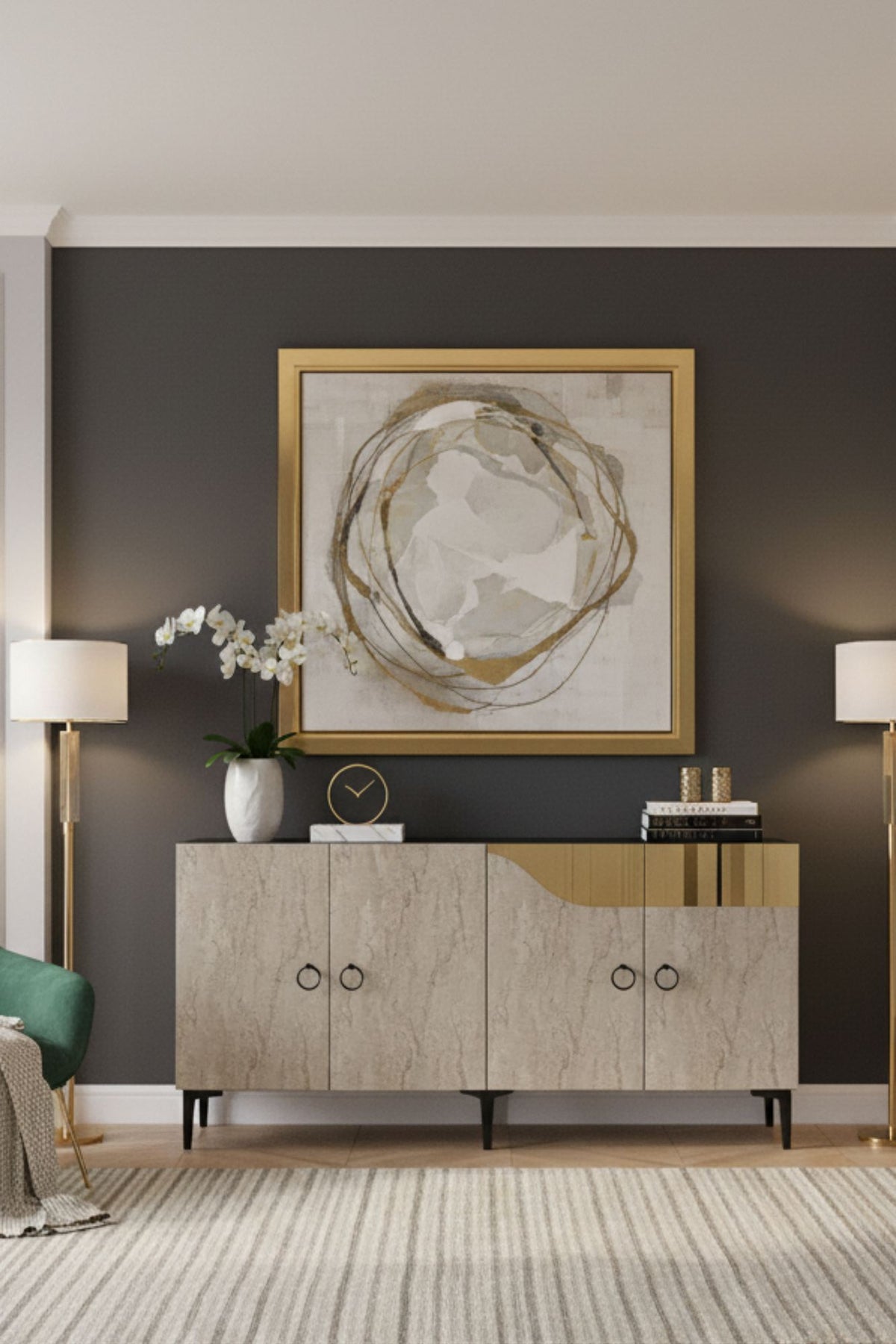 Κονσόλα Fiki Λευκό - Travertine - Χρυσό 150x32x75 εκ. Μελαμίνης