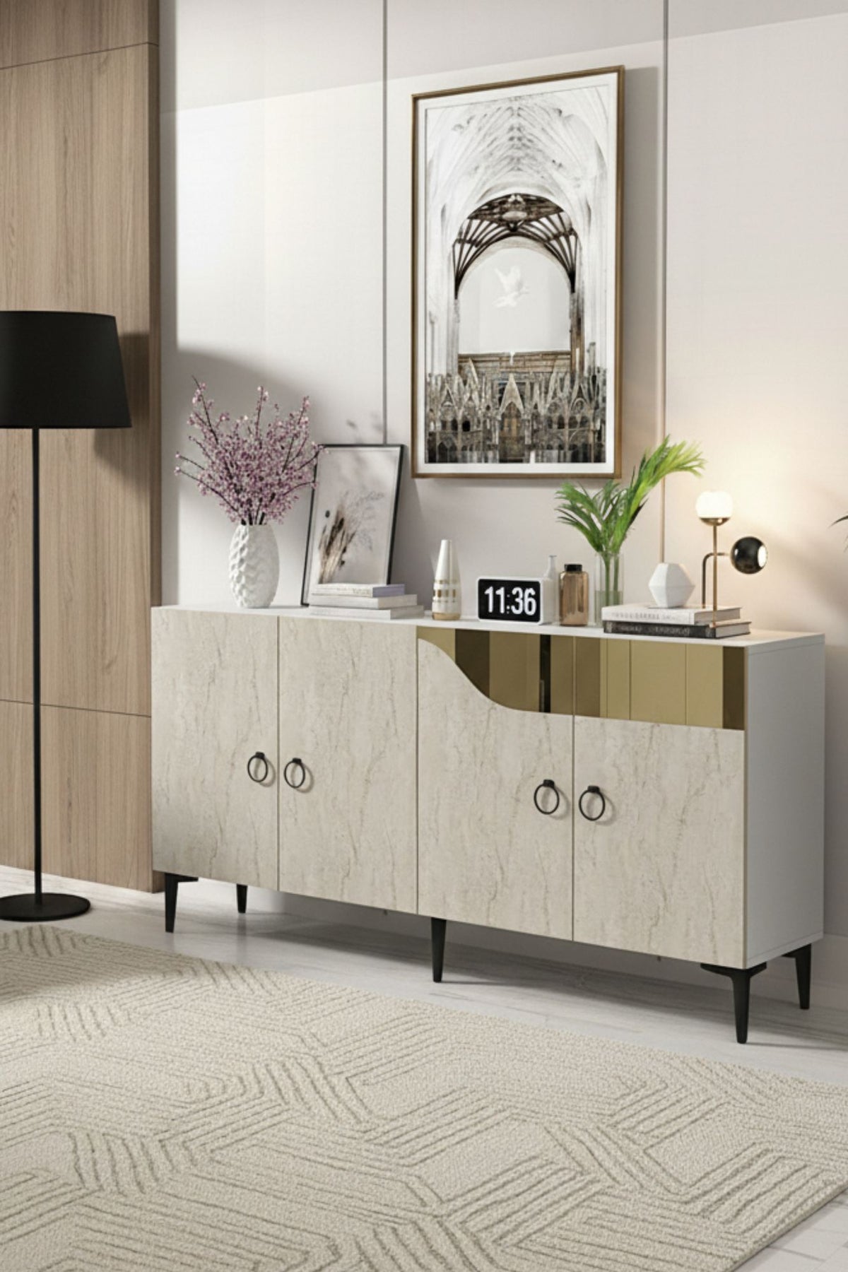 Κονσόλα Fiki Λευκό - Travertine - Χρυσό 150x32x75 εκ. Μελαμίνης
