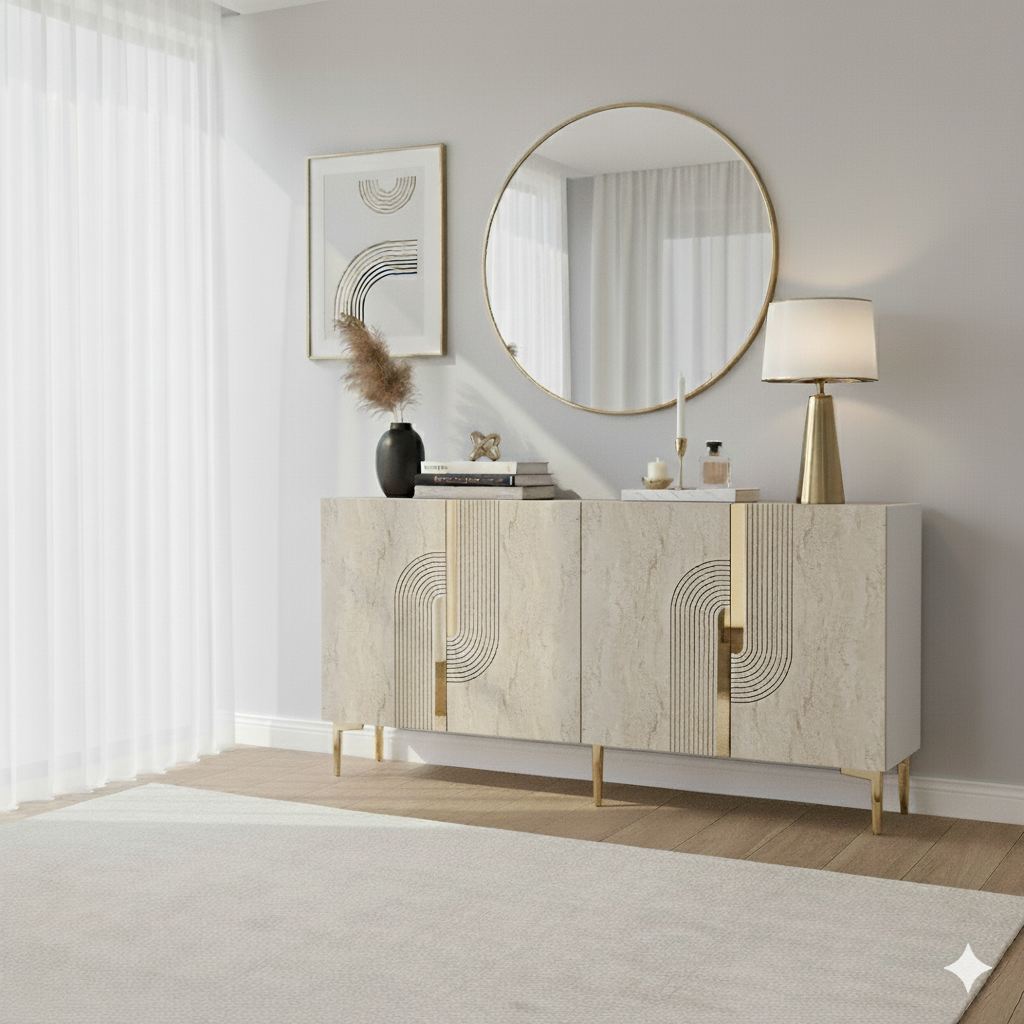 Κονσόλα Chios Με Ράφια Λευκό - Travertine - Χρυσό 150x32x75 εκ. Μελαμίνης