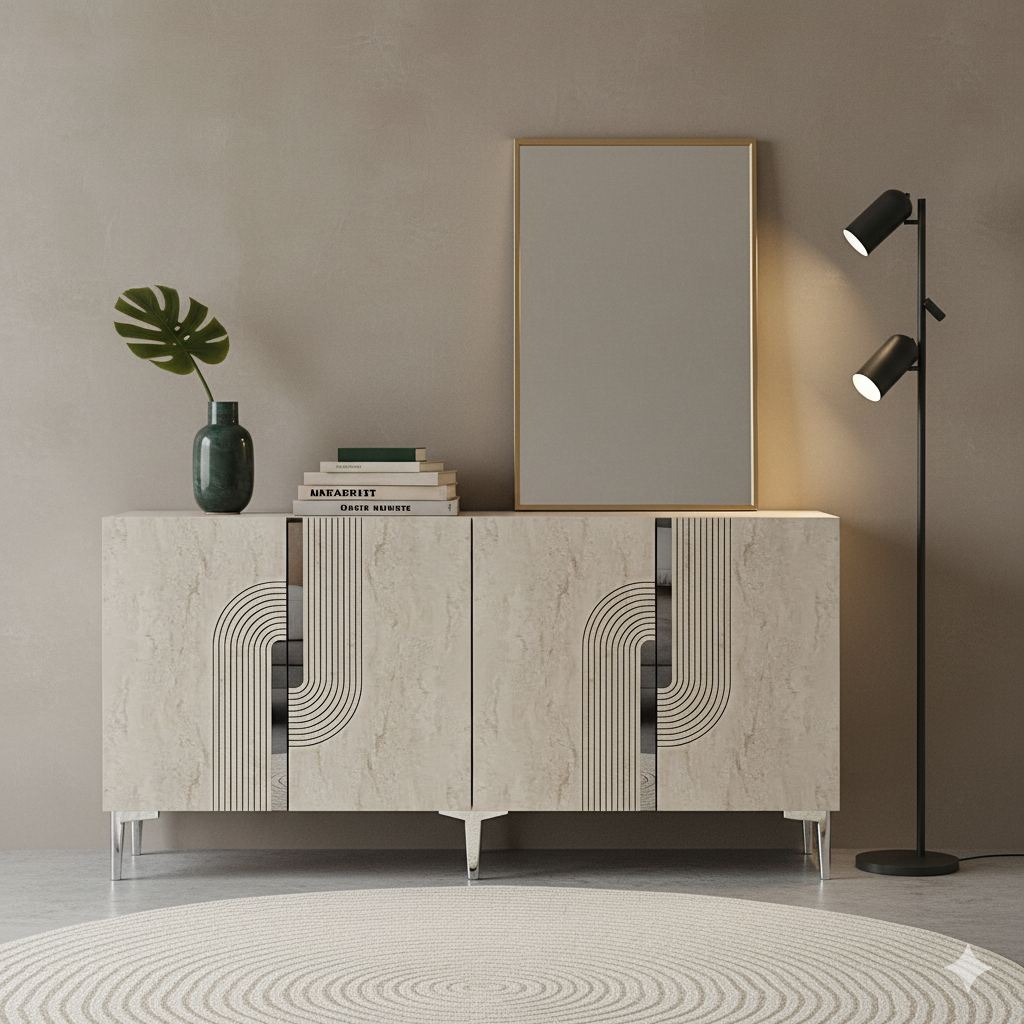 Κονσόλα Chios Με Ράφια Λευκό - Travertine - Ασημί 150x32x75 εκ. Μελαμίνης
