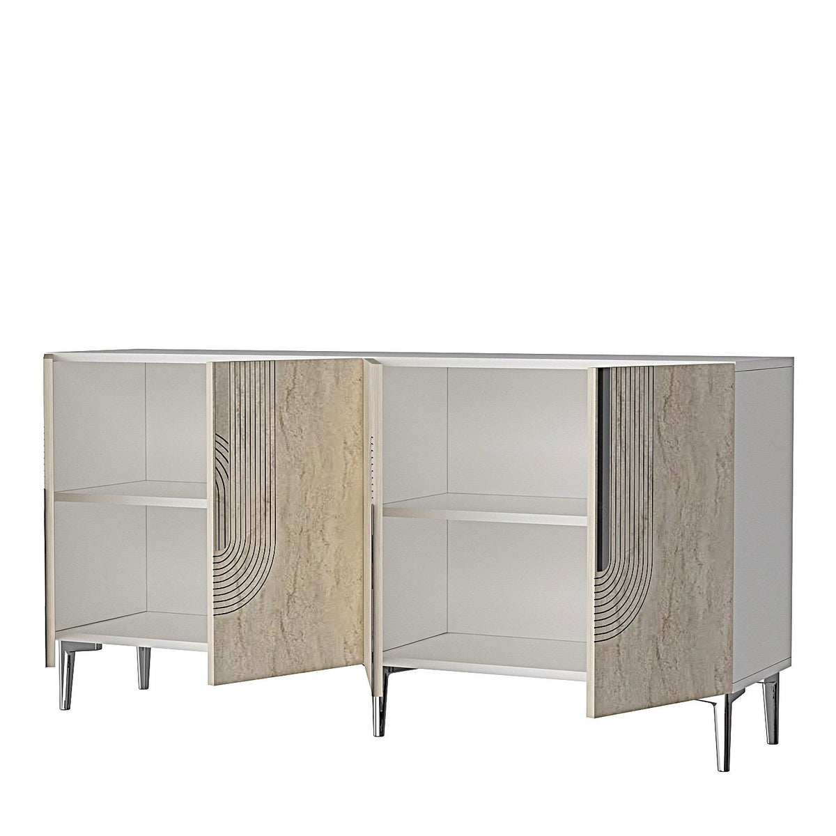 Κονσόλα Chios Με Ράφια Λευκό - Travertine - Ασημί 150x32x75 εκ. Μελαμίνης