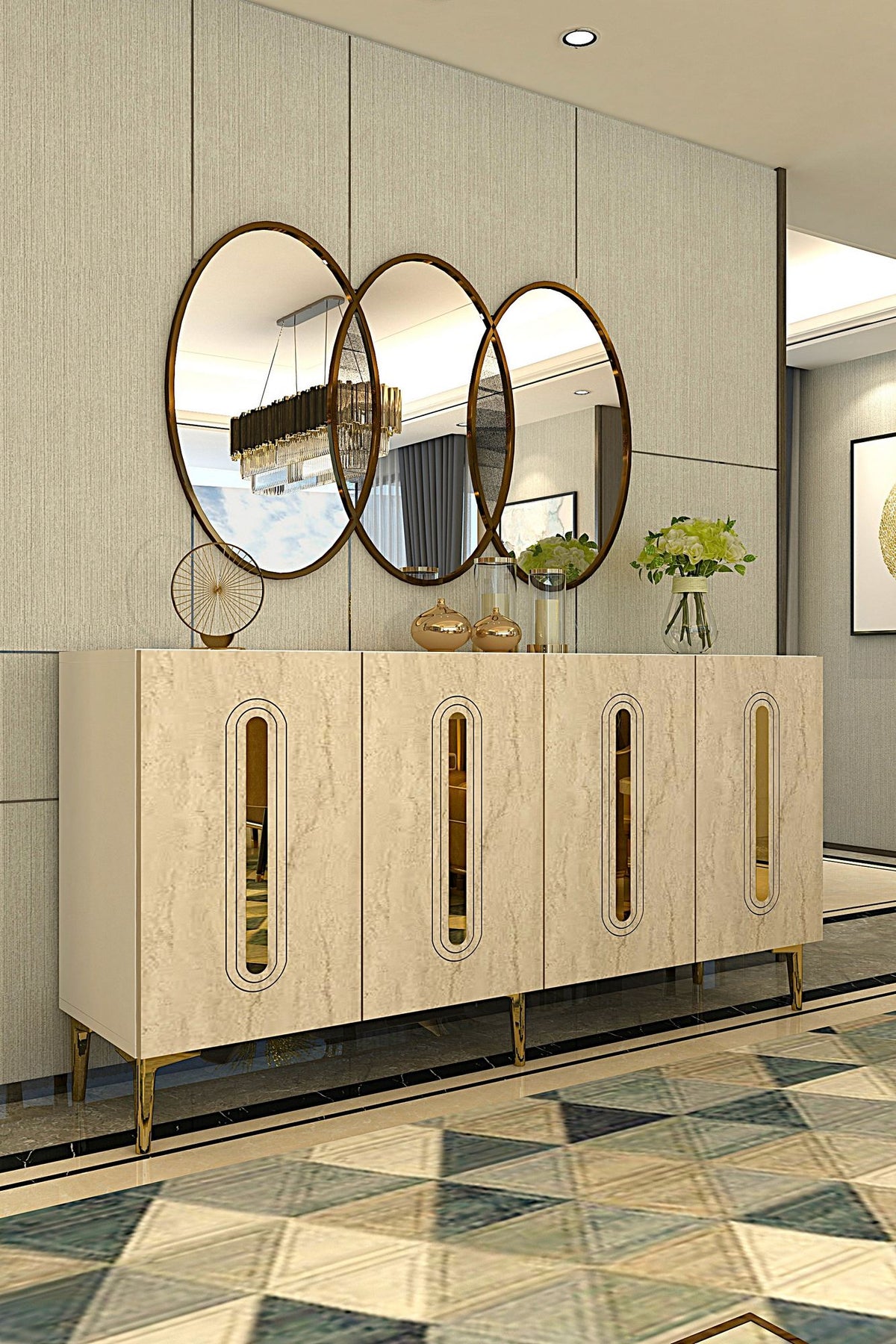 Κονσόλα Drakos Λευκό - Travertine - Χρυσό 150x32x75 εκ. Μελαμίνης