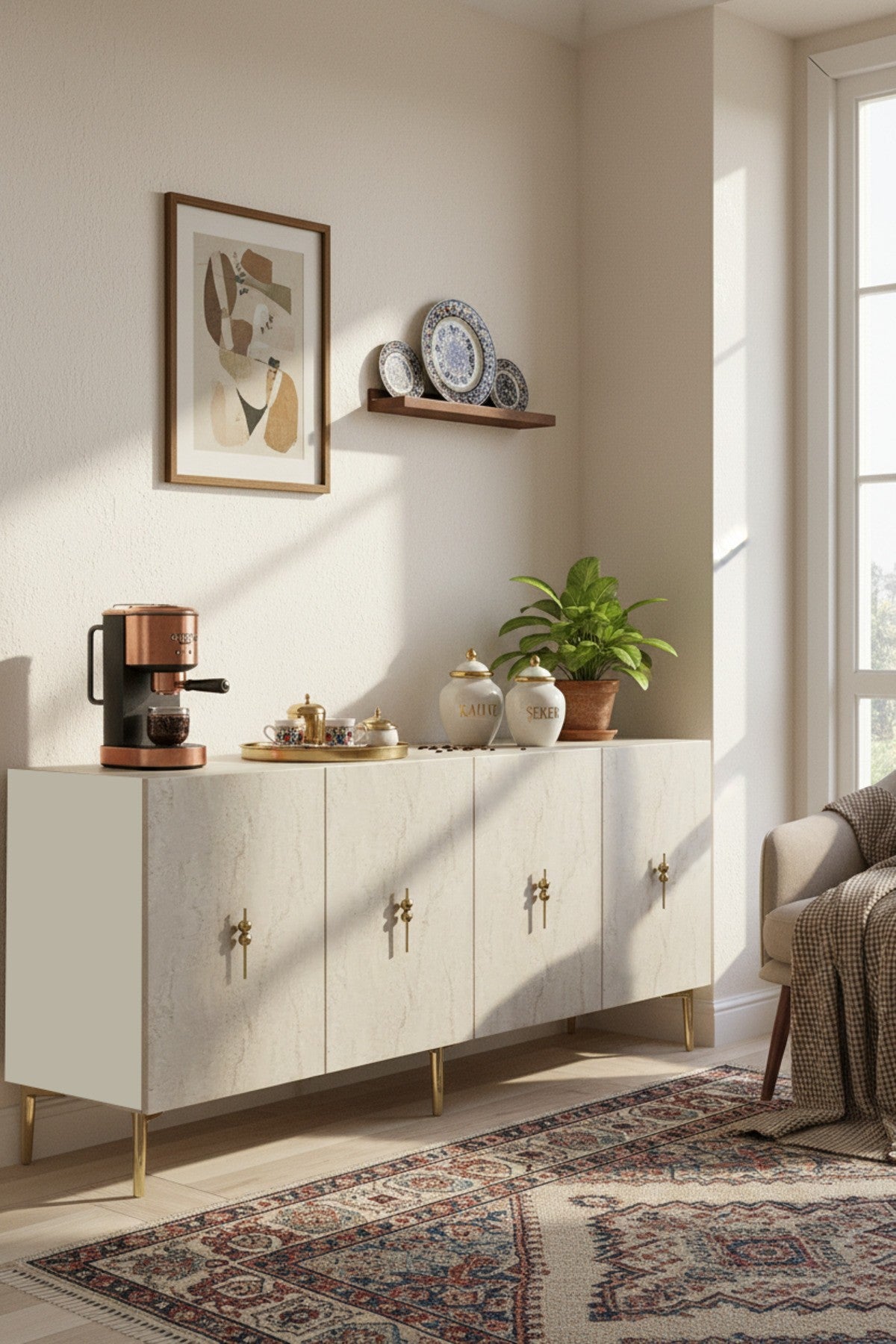 Κονσόλα Angelochori Λευκό - Travertine - Χρυσό 180x32x75 εκ. Μελαμίνης