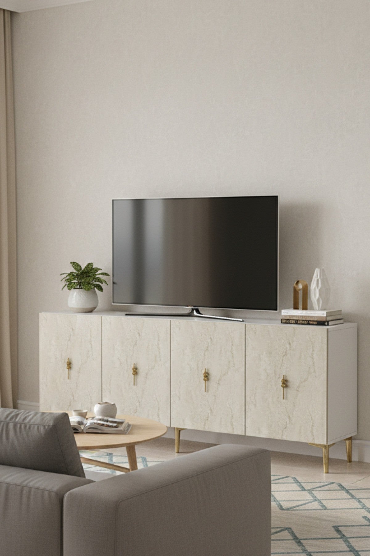 Κονσόλα Angelochori Λευκό - Travertine - Χρυσό 180x32x75 εκ. Μελαμίνης