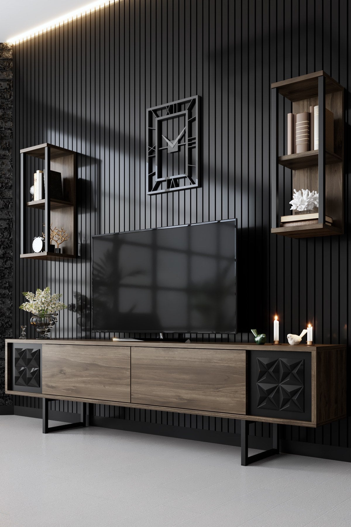 Σύνθεση Τηλεόρασης Pelekas Καρυδί - Μαύρο 180x30x48 εκ. Μελαμίνης