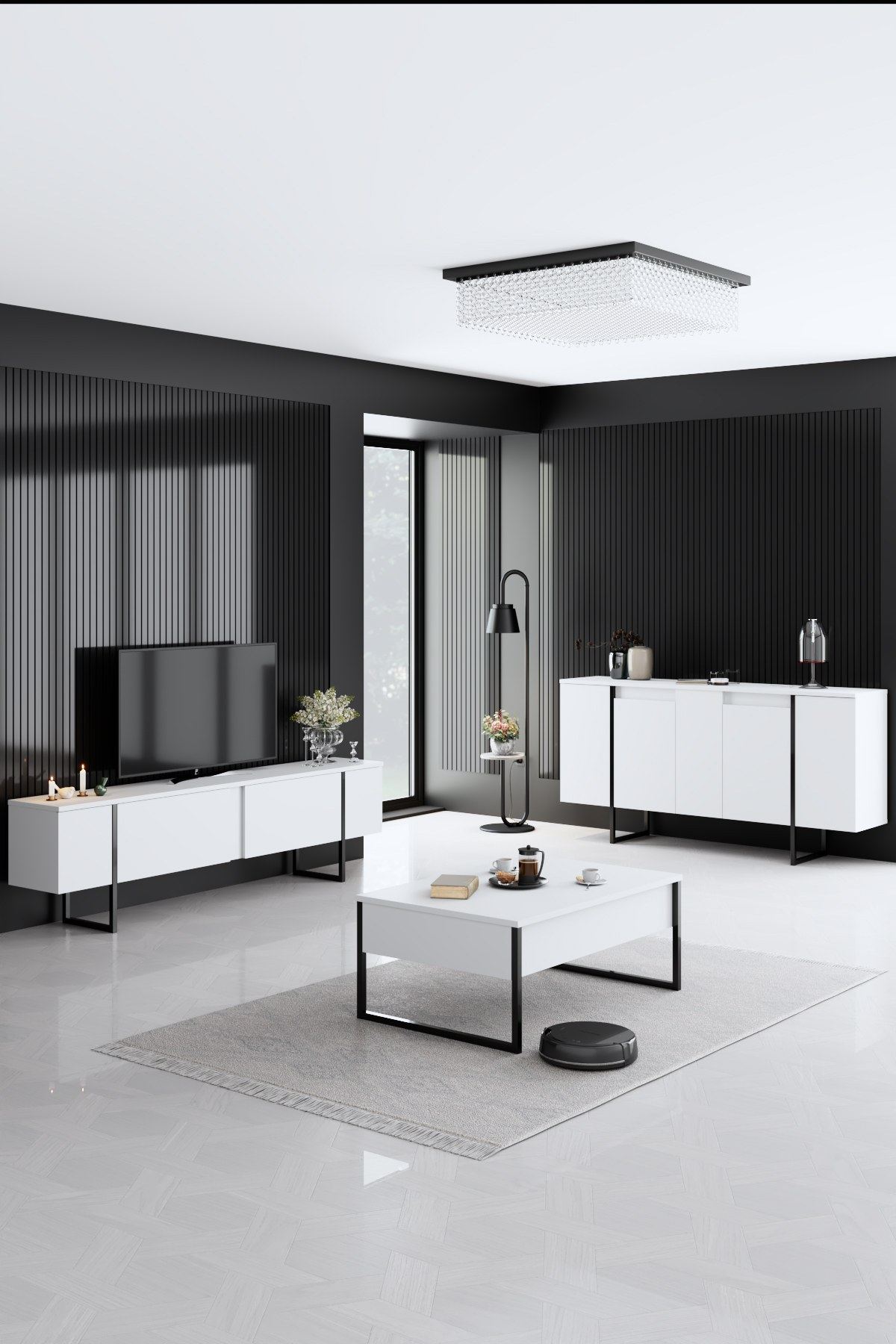 Κονσόλα Aoos Με Μεταλλικά Πόδια Λευκό - Μαύρο 160x35x80 εκ. Μελαμίνης