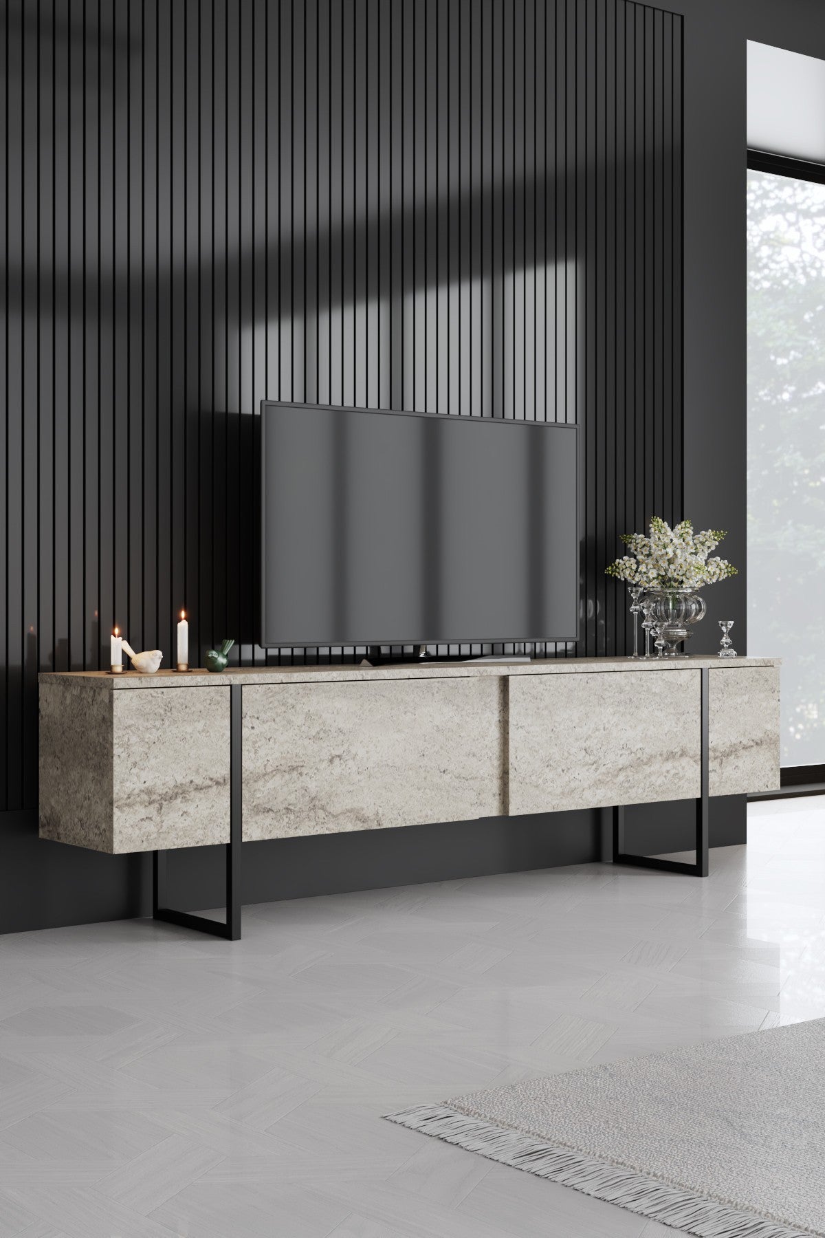 Έπιπλο Τηλεόρασης Aoos Με Μεταλλικά Πόδια Travertine - Μαύρο 180x30x50 εκ. Μελαμίνης - Pakobazaar