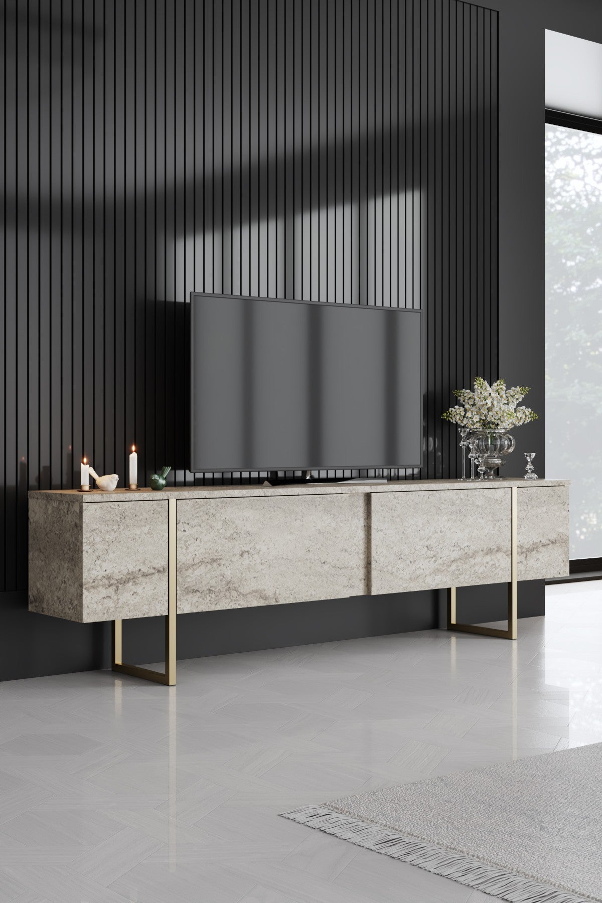 Έπιπλο Τηλεόρασης Aoos Με Μεταλλικά Πόδια Travertine - Χρυσό 180x30x50 εκ. Μελαμίνης