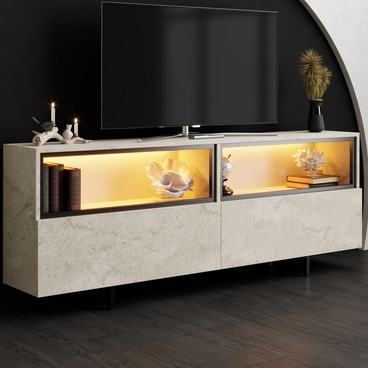 Έπιπλο Τηλεόρασης Tigaki Με Μεταλλικά Πόδια Travertine 180x32x67 εκ. Μελαμίνης - Pakobazaar