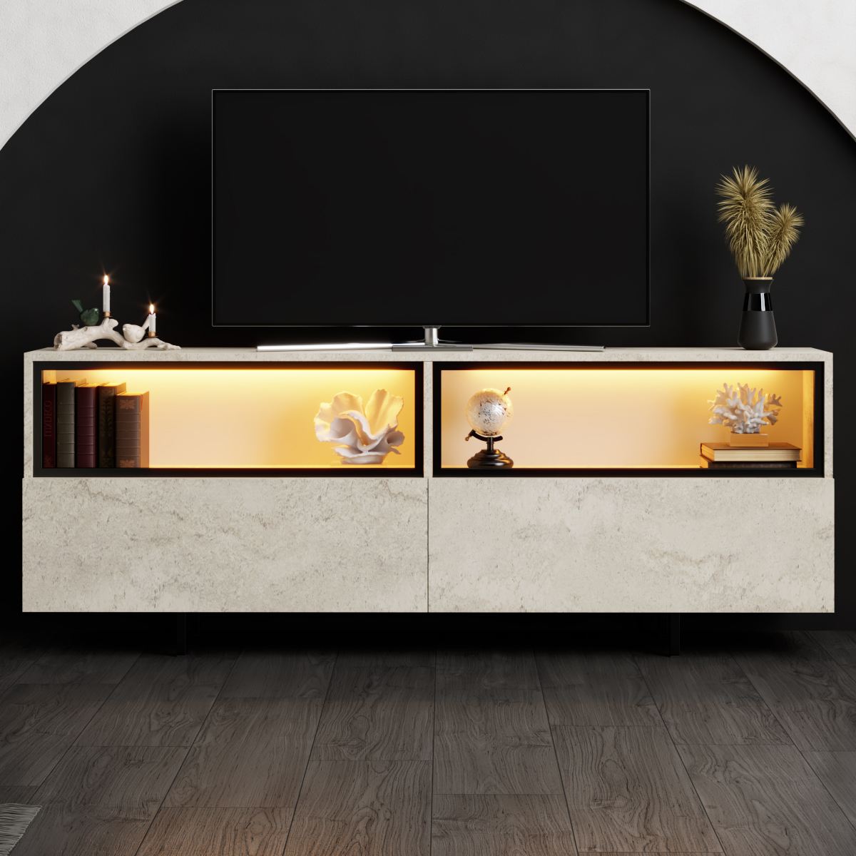 Έπιπλο Τηλεόρασης Tigaki Με Μεταλλικά Πόδια Travertine 180x32x67 εκ. Μελαμίνης - Pakobazaar