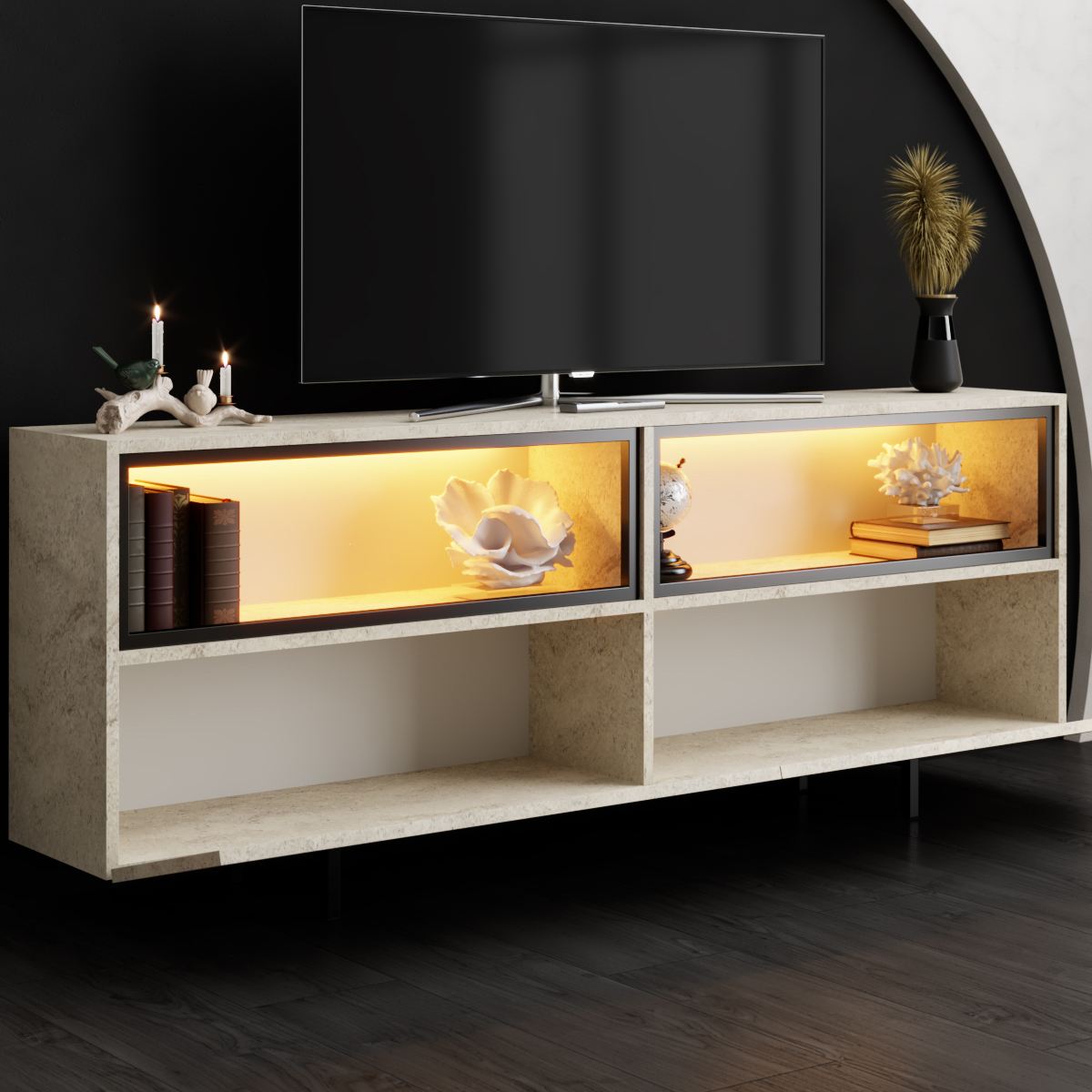 Έπιπλο Τηλεόρασης Tigaki Με Μεταλλικά Πόδια Travertine 180x32x67 εκ. Μελαμίνης - Pakobazaar