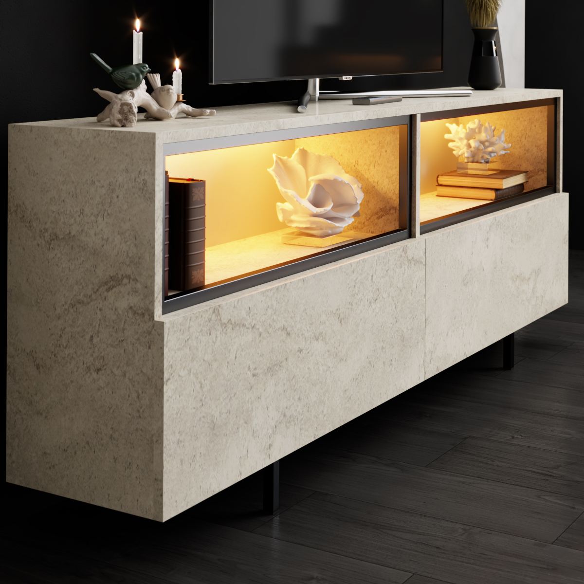 Έπιπλο Τηλεόρασης Tigaki Με Μεταλλικά Πόδια Travertine 180x32x67 εκ. Μελαμίνης - Pakobazaar