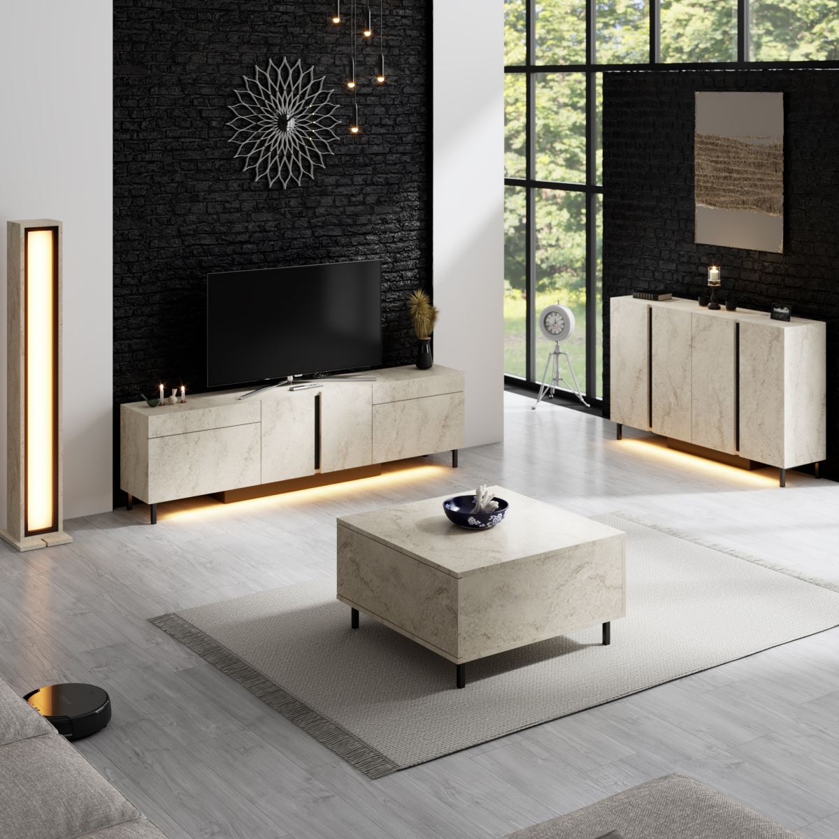 Κονσόλα Tinos Με LED Travertine 127x32x80 εκ. Μελαμίνης
