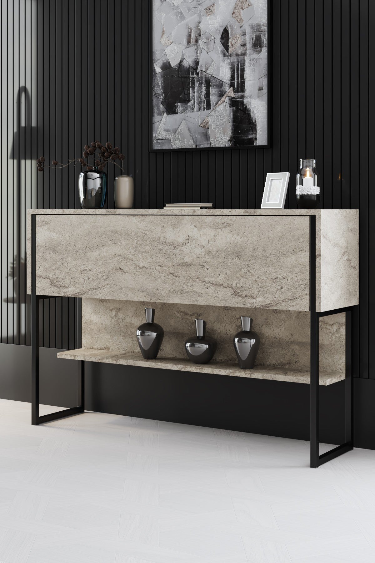 Συρταριέρα Aoos Με Μεταλλικά Πόδια Travertine - Μαύρο 120x30x80 εκ. Μελαμίνης
