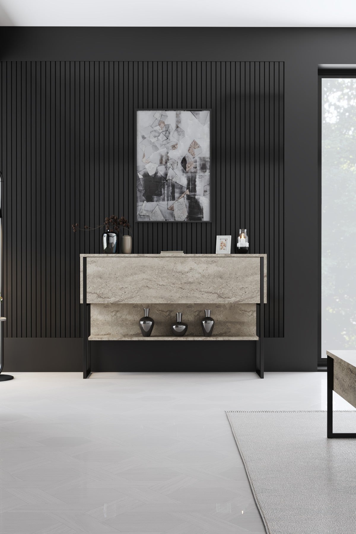 Συρταριέρα Aoos Με Μεταλλικά Πόδια Travertine - Μαύρο 120x30x80 εκ. Μελαμίνης