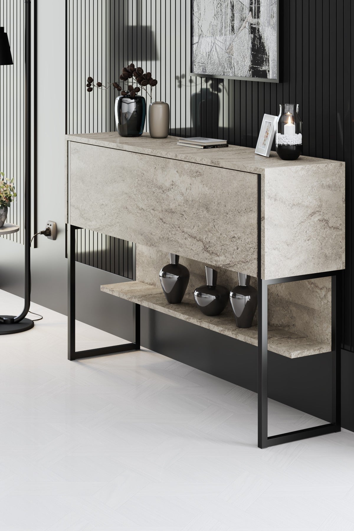 Συρταριέρα Aoos Με Μεταλλικά Πόδια Travertine - Μαύρο 120x30x80 εκ. Μελαμίνης