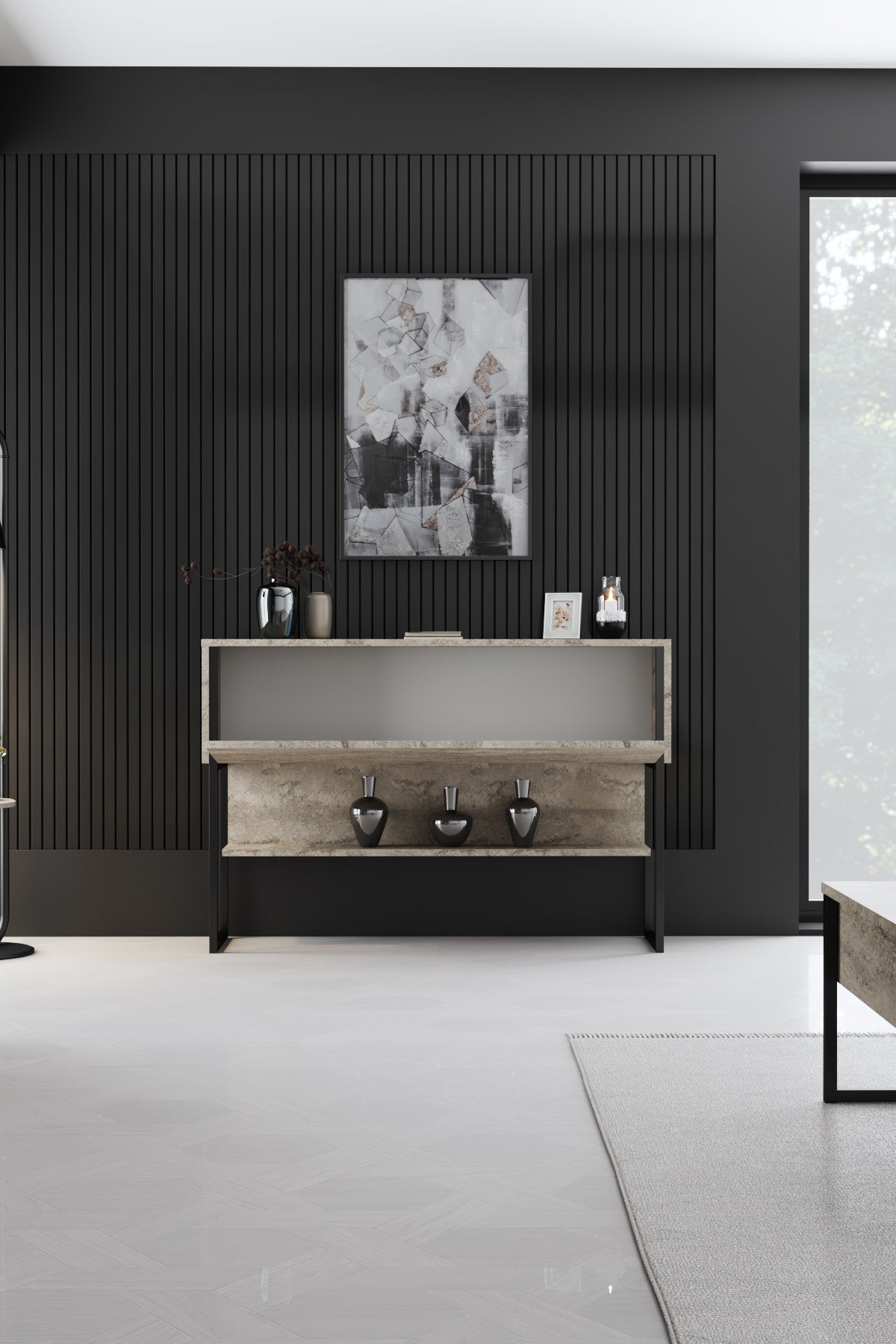 Συρταριέρα Aoos Με Μεταλλικά Πόδια Travertine - Μαύρο 120x30x80 εκ. Μελαμίνης