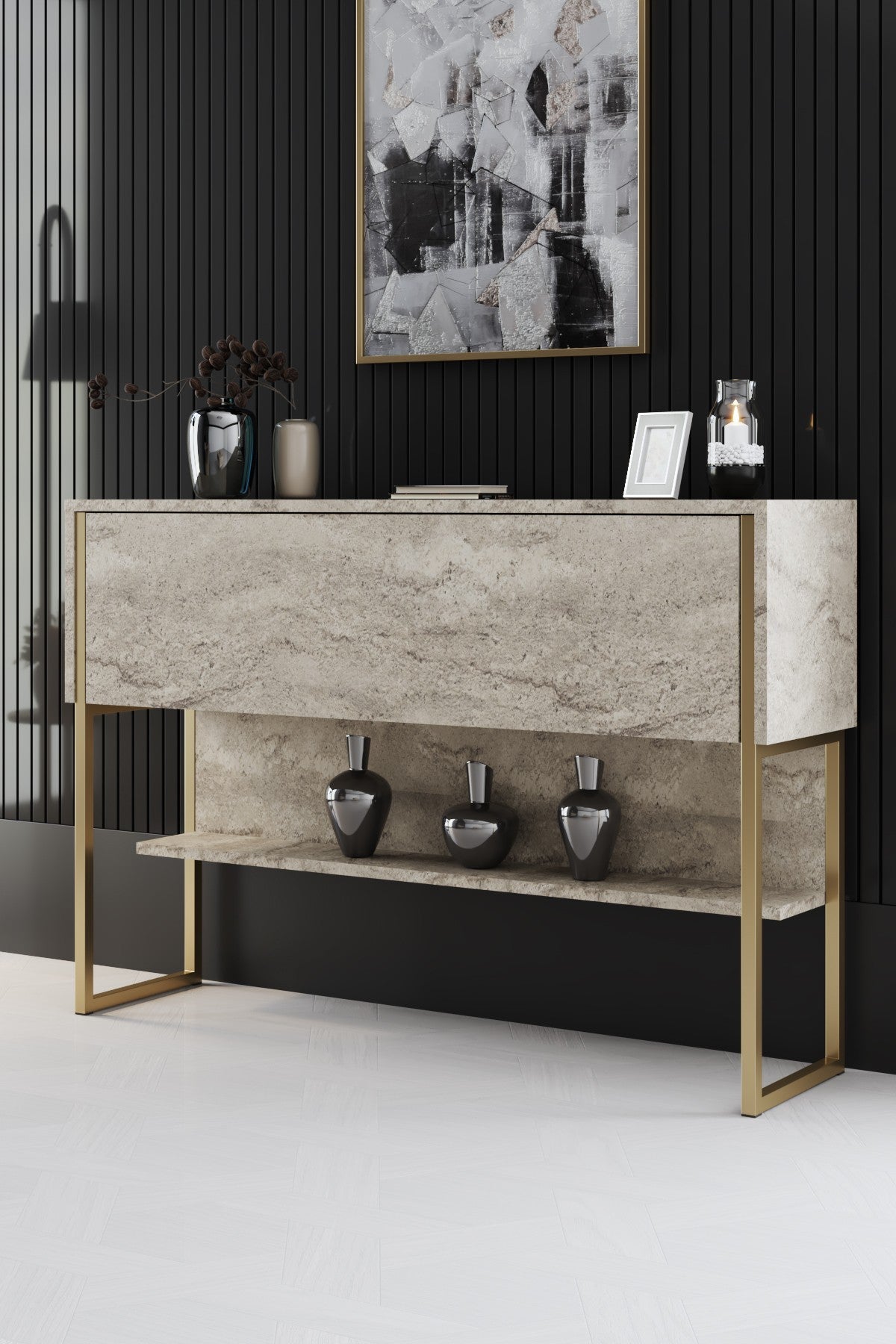 Συρταριέρα Aoos Με Μεταλλικά Πόδια Travertine - Χρυσό 120x30x80 εκ. Μελαμίνης
