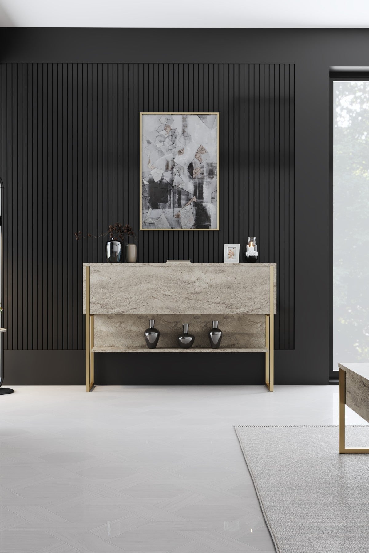 Συρταριέρα Aoos Με Μεταλλικά Πόδια Travertine - Χρυσό 120x30x80 εκ. Μελαμίνης
