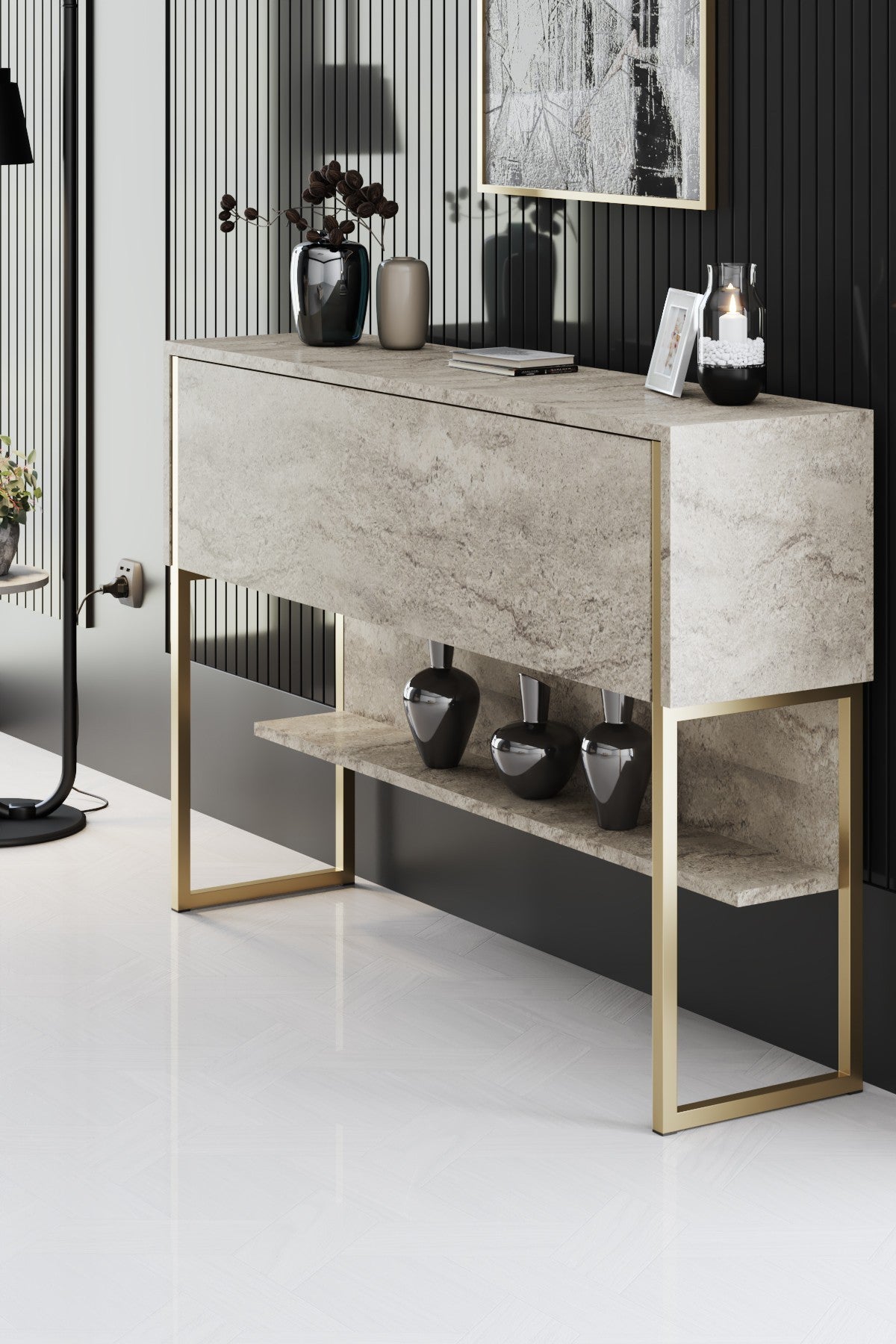 Συρταριέρα Aoos Με Μεταλλικά Πόδια Travertine - Χρυσό 120x30x80 εκ. Μελαμίνης