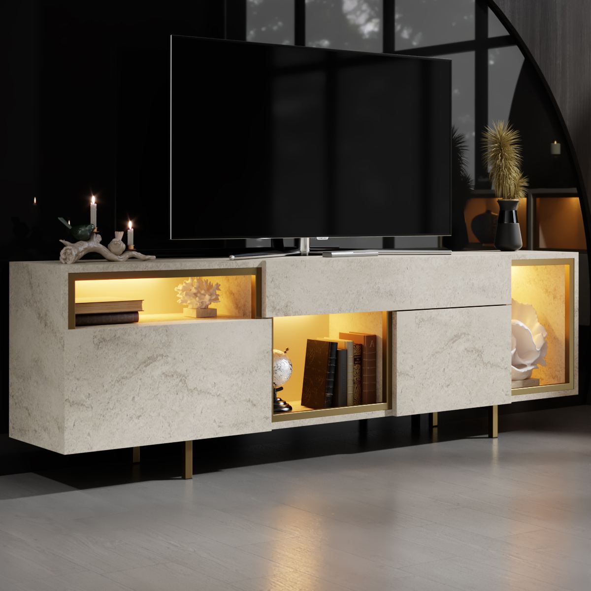 Έπιπλο Τηλεόρασης Anithos Με Ράφια Travertine - Χρυσό 180x32x55 εκ. Μελαμίνης