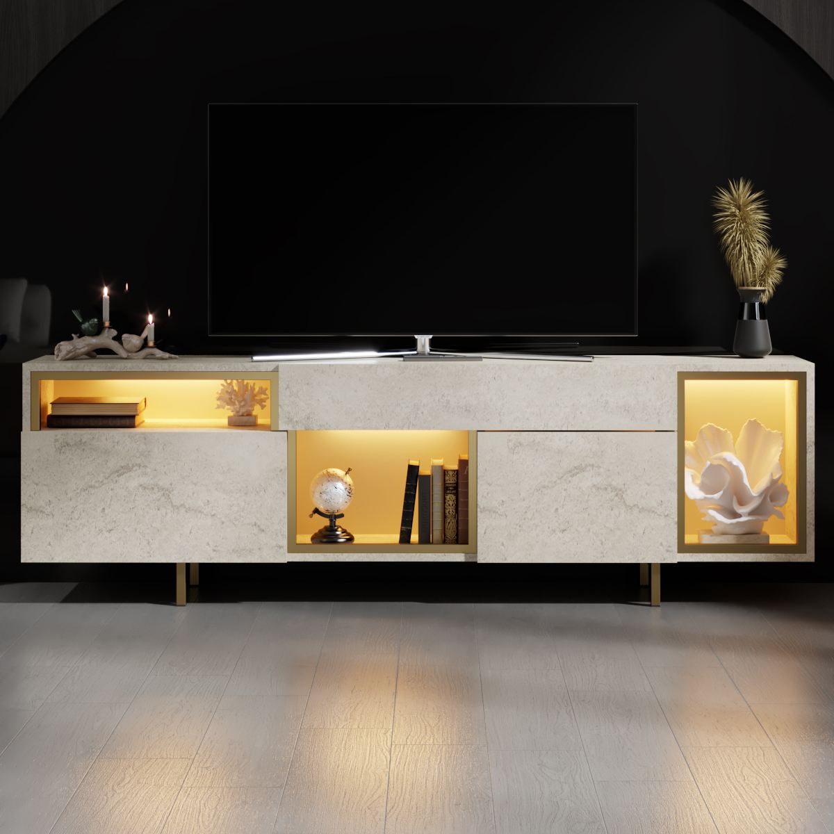 Έπιπλο Τηλεόρασης Anithos Με Ράφια Travertine - Χρυσό 180x32x55 εκ. Μελαμίνης