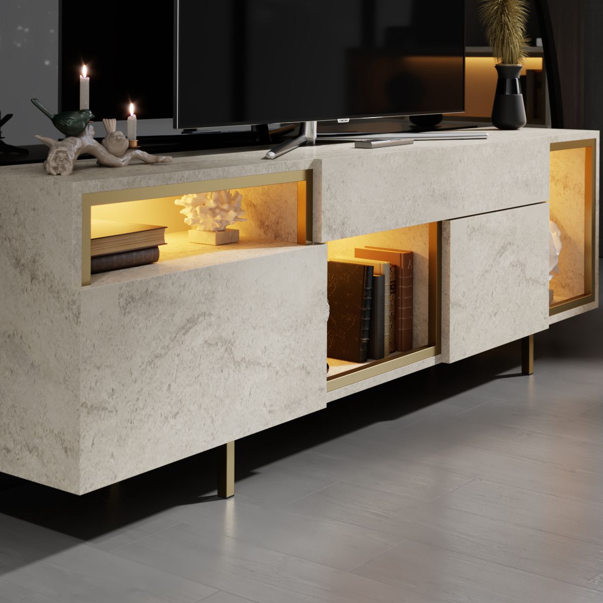 Έπιπλο Τηλεόρασης Anithos Με Ράφια Travertine - Χρυσό 180x32x55 εκ. Μελαμίνης