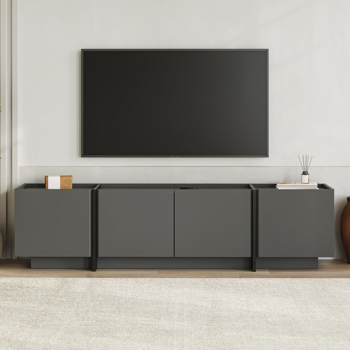 Έπιπλο Τηλεόρασης Psara Με Soft-Close Ανθρακί - Μαύρο 180x35x46 εκ. Μελαμίνης