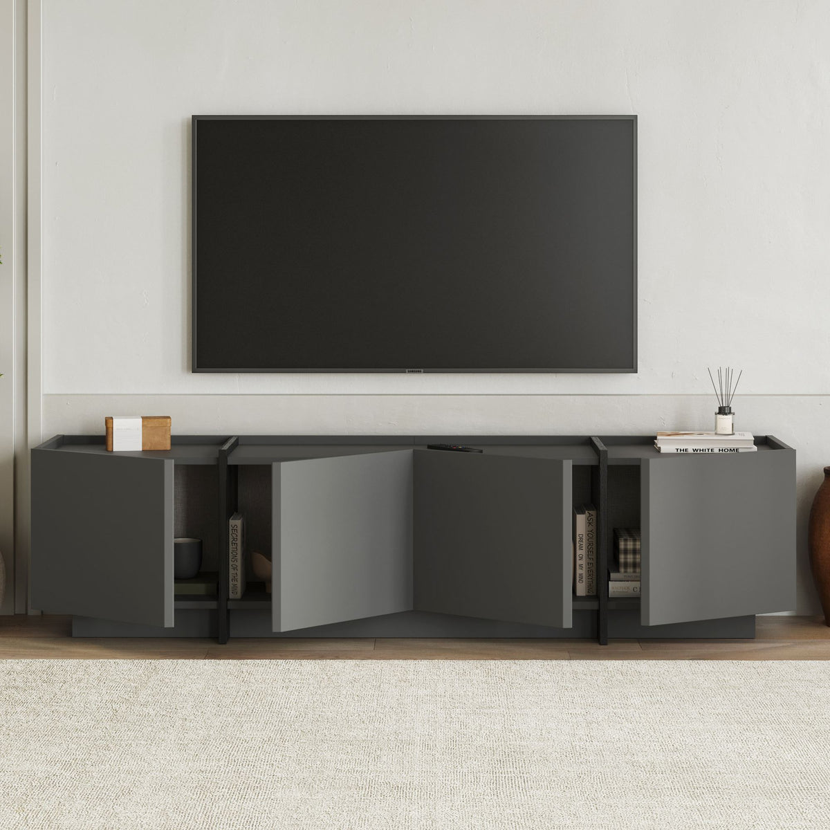 Έπιπλο Τηλεόρασης Psara Με Soft-Close Ανθρακί - Μαύρο 180x35x46 εκ. Μελαμίνης