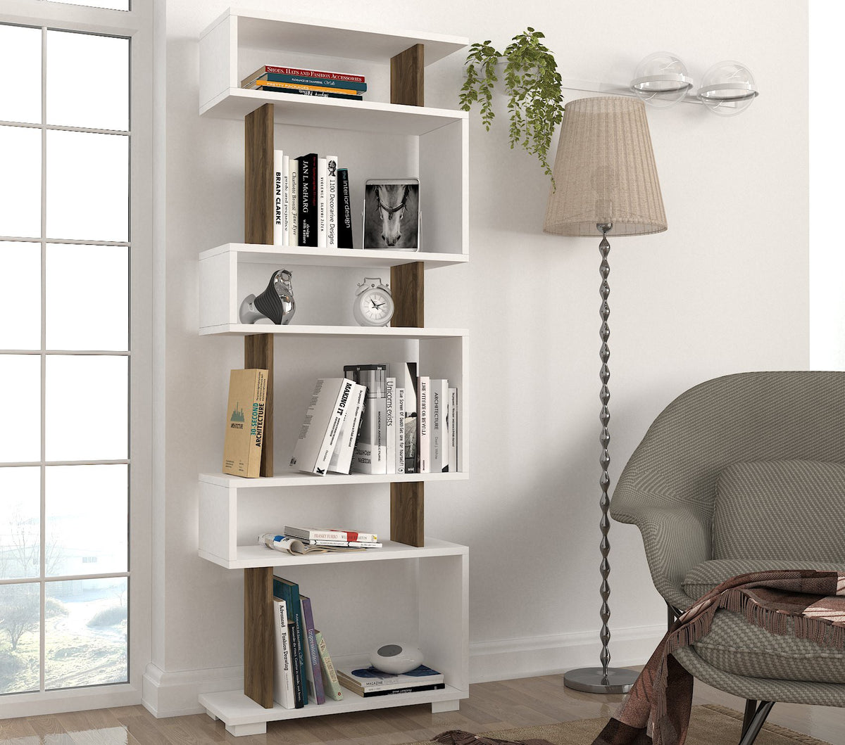 Βιβλιοθήκη Valtos Λευκό - Καρυδί 60x19.5x165 εκ. Μελαμίνης