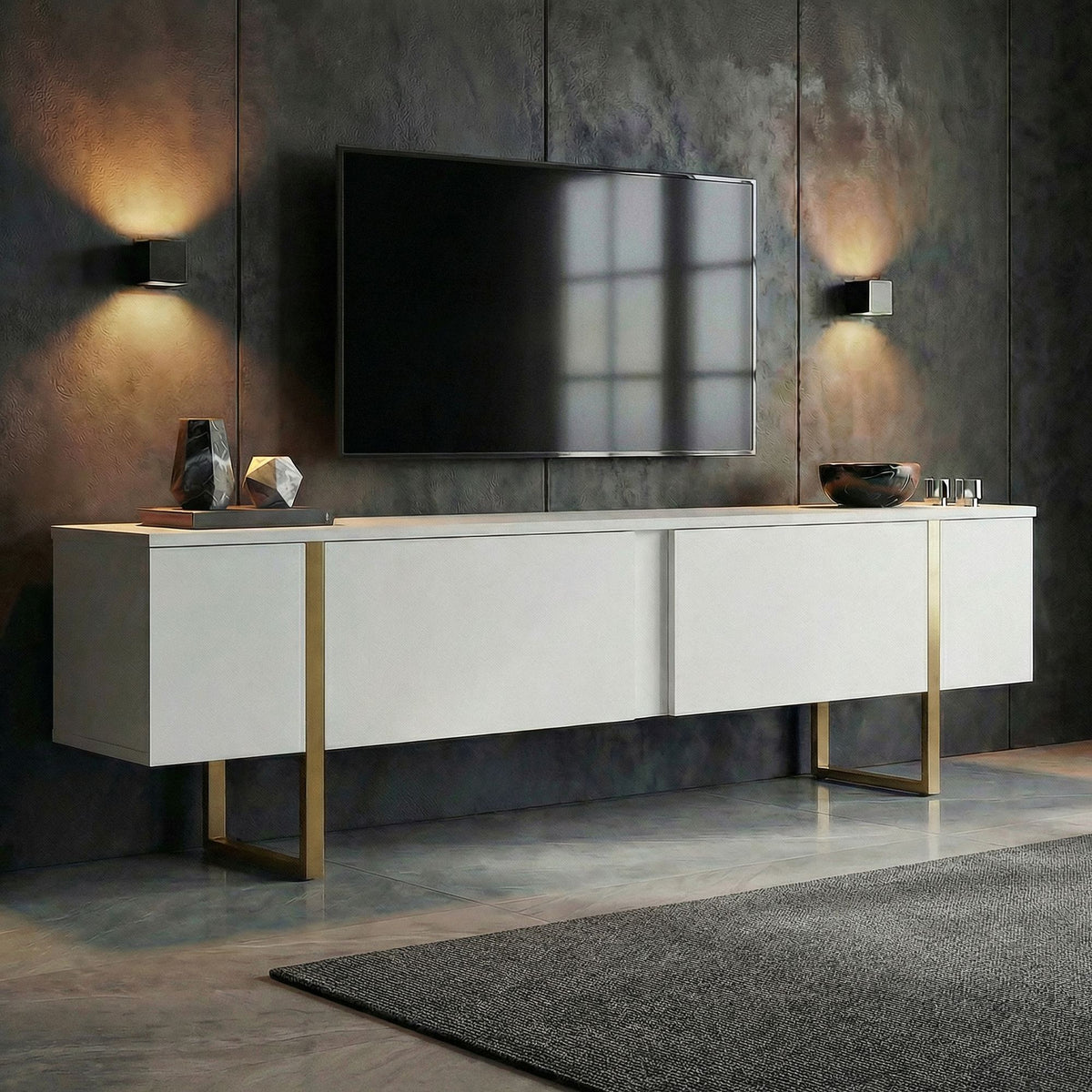 Έπιπλο Τηλεόρασης Seralia Λευκό - Χρυσό 180x30x50 εκ. Μελαμίνης - Pakobazaar